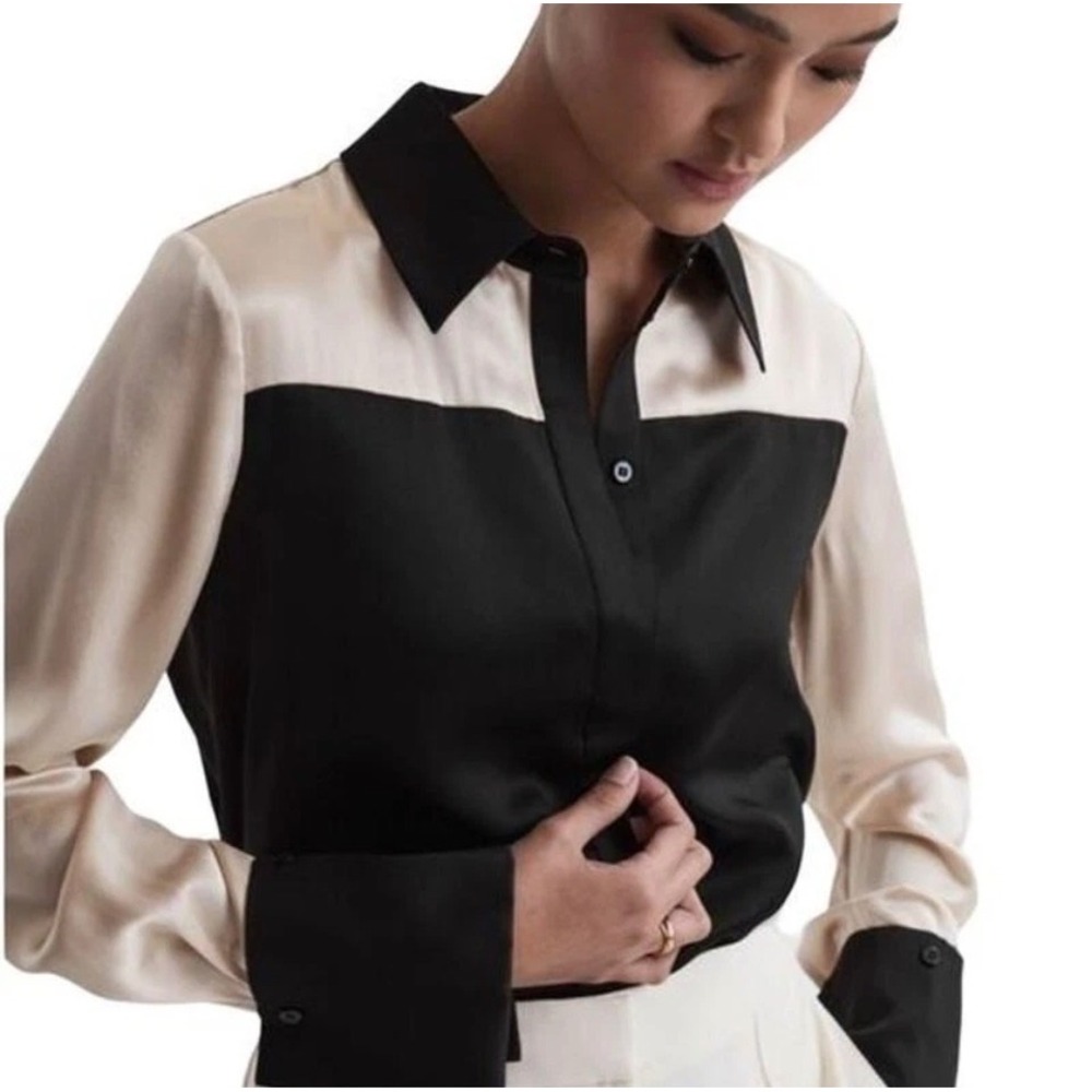 New! REISS 100% Silk Lorey Black Champagne
Colorblock Button Up
Blouse sz 6 $385